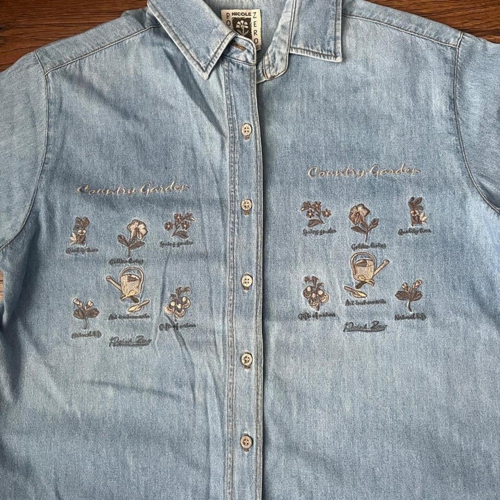 Vintage Denim Embroidered Country Button Collared Shirt Women S Cottagecore Boho - Picture 3 of 6